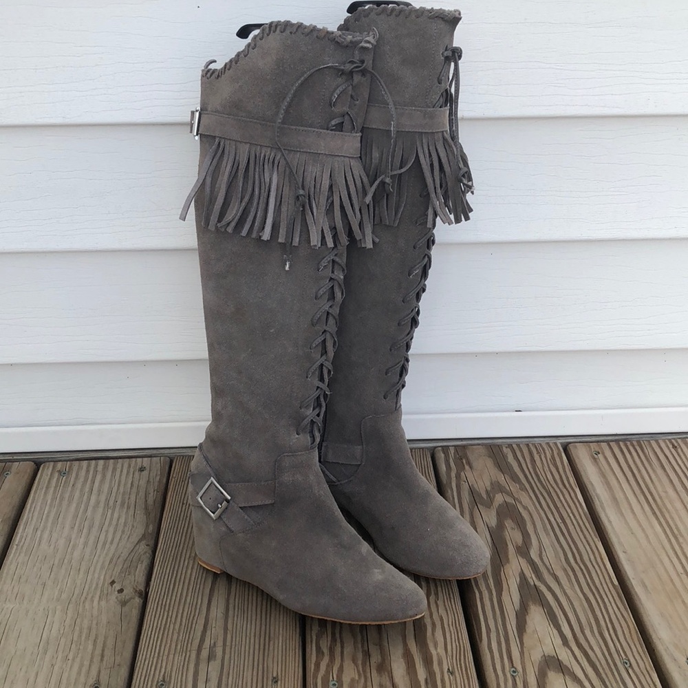 Theme Boho Fringe Lace Up Suede Knee Boots